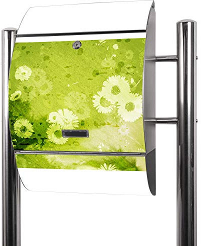 banjado® Standbriefkasten Edelstahl mit Zeitungsfach Motiv Kamille Grün/Briefkasten mit Standfuß/Edelstahl Briefkasten freistehend - A4 Einwurf inkl. 2 Schlüssel