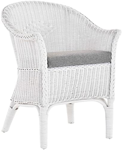 korb.outlet Rattan Dining Chair Natural Rattan Wicker Armrests Conservatory Lounge Chair Country House (White with Cushion)