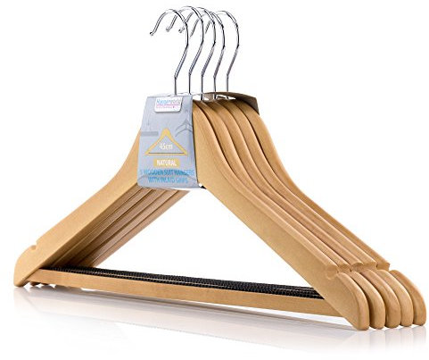 HANGERWORLD 5 Premium 45cm Natural Wooden Clothes Coat Garment Hangers with Inlaid Non Slip Trouser Bar