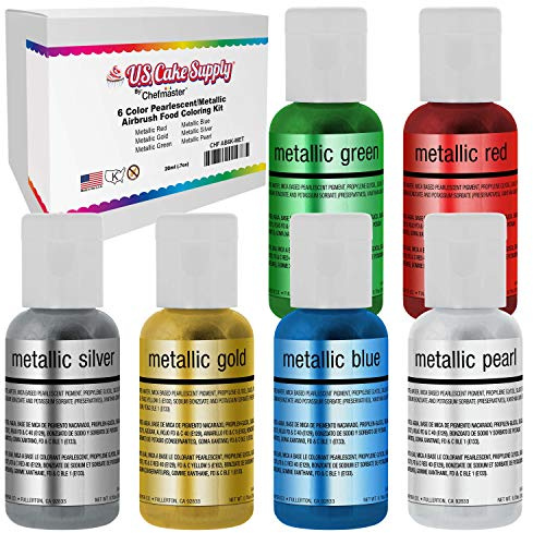 U.S. Cake Supply Airbrush Cake Pearlescent Shimmer Metallic Color Set - The 6 Most Popular Metallic Colors in 0.64 fl. oz. (19ml) Bottles - Safely Made in the USA product