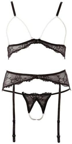 Abierta Fina BH Set Perlen - erotisches 3-teiliges Strapsset für sie, Dessous-Set, BH, ouvert String und Strapsgürtel, Verführung des Partners, schwarz