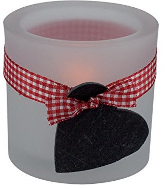 Butzon & Bercker Glaswindlicht Herz (8,5 x 8 cm) – Satiniertes Teelichtglas mit Schieferanhänger & rot-kariertem Band – Weihnachtsdeko & Adventsdeko für besinnliche Momente