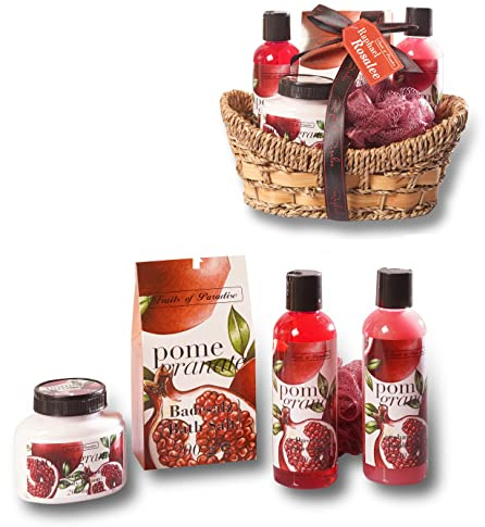 RAPHAEL ROSALEE COSMETICS Bade- und Pflegeset Fruits of Paradise No. 078 (5-teilig) mit Granatapfel – Bade-Geschenkset mit Schwamm, Badesalz, Lotion uvm.