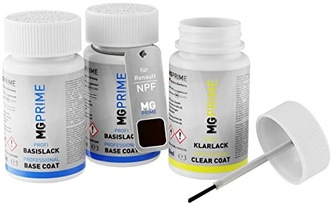 MG PRIME Autolack Lackstifte für Renault NPF Rouge Carmin Nacre + Klarlack | Karmesin-Rot Perleffekt, Set aus Grundlack + Basislack + Klarlack, Lackfläschchen mit Pinsel, je 50ml