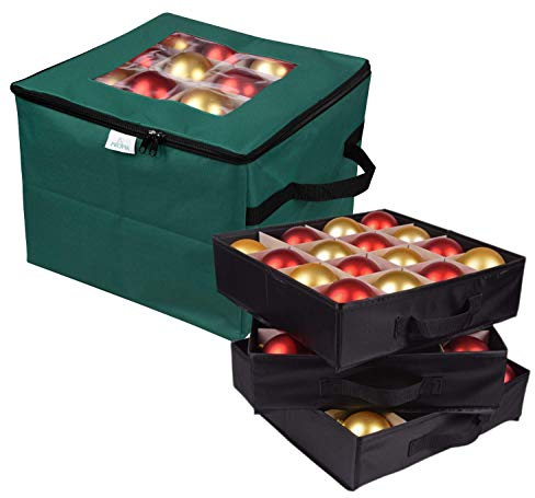 ProPik Christmas Ornament Storage Box, Organizer Holds Up to 48 Xmas Balls with 3 Separate Removable Trays, Container has Dividers to Organize Holiday Tree Ornaments (Green)