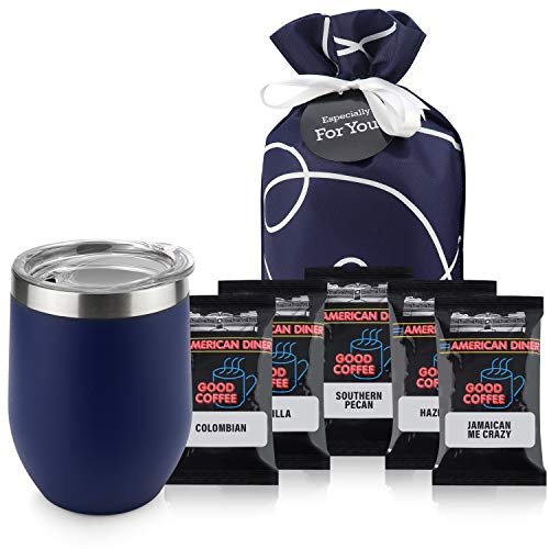 Coffee Lovers Gifts Basket - Gift Sets Include Temperature Retention Insulated Cup and 5 Special Blend Full Pot Ground-Coffee Samplers Presented in Beautiful Gift Bag For Women & Men