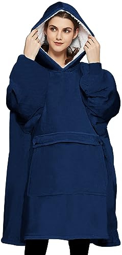 KFUBUO Tragbare Decke, Hoodie für Erwachsene, Sherpa-alle Muster, übergroße Sweatshirt-Decke mit Taschen, Geschenke für Mutter, Marineblau