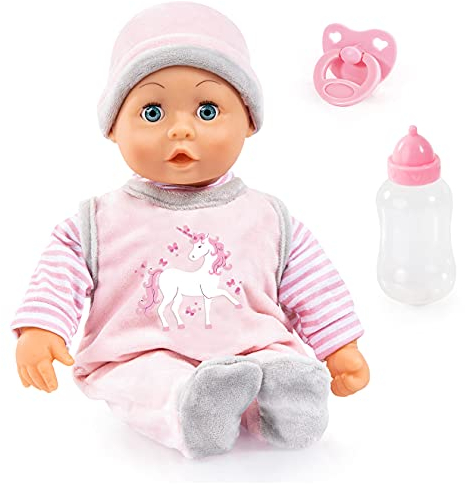 Bayer Design 93824CF Baby Puppe mit Geräuschen, weicher Körper, Spielpuppe 38 cm, Puppenzubehör, Rosa, Grau
