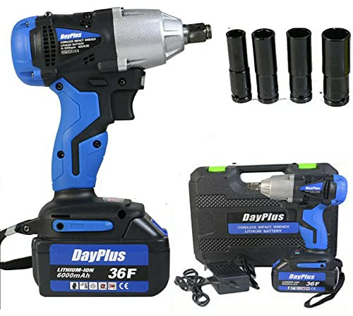 Llave de impacto inalámbrica, pistola de impacto de 21 V, 420 Nm de alto par de torsión de 1/2 pulgada, batería de 6.0 Ah, velocidad variable de 3200 rpm, con juego de enchufes de 14/17/19/22 mm para
