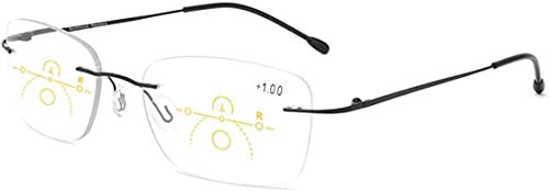Men Women Progressive Reading Glasses Anti Glare Metal Rimless Bifocal Multifocal Lens Lightweight Transition Eyeglasses Diopter 1.00-3.00 Black,+2.50