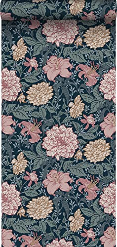 ESTAhome tapet vintage blommor blått och antikrosa 53 cm x 10.05 m