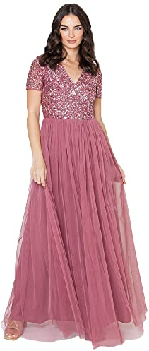 Maya Deluxe Abendkleid mit Pailletten Cocktailkleid Damen mit V-Ausschnitt Tüllkleid
