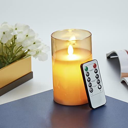 Velas LED, Velas Parpadeante Sin Llama, Funciona con pilas Velas con Vidrio, Vela LED Temporizador con Mando a Distancia, Real Cera, Velas Con y Regulable, Para Dormitorio Comedor Fiesta-12.5cm Marrón