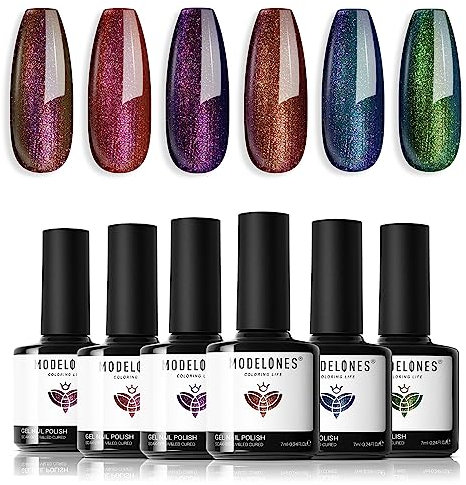 Modelones Gel Nail Polish Set, 6 Colors Gel Polish Reflective Glitter Red Purple Nail Polish Sparkling Blue Green Nail Varnish Kit Soak Off Nail Art Manicure DIY Salon for Women
