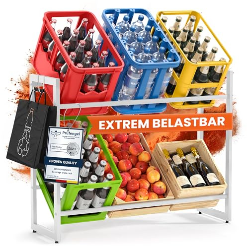 Heldenwunder Estantería para cajas de bebidas (6 cajas) de metal, 2 ganchos, altura ajustable, extremadamente estable, estantería para cajas de cerveza, estantería para cajas de agua, estantería para