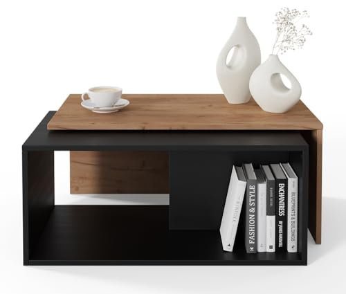 PLATAN ROOM Couchtisch Kaffeetisch 2er Set 90x48x40 cm, moderner Wohnzimmertisch, Sofatisch mit Stauraum, Satztisch (Eiche/Schwarz)