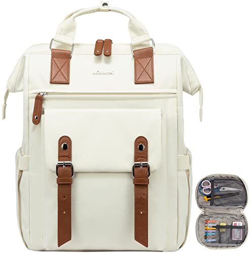 LOVEVOOK Rucksack Damen, Groß Laptop Schulrucksack Mädchen Teenager 15,6 Zoll mit Datenkabel-Beutel, Wasserdicht Reiserucksack Schultasche Backpack Elegant für Uni Arbeit Business Reise Beige