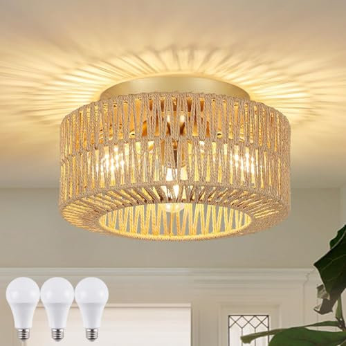 KZT Vintage Boho Rattan Lampe Deckenleuchte E27 Deckenlampe mit Gewebtem Lampenschirm Industrielle Pendelleuchten Bambus Holz Hängelampe für Wohnzimmer Schalfzimmer Küche Balkon Flur (3 Flammig)