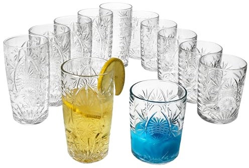 MamboCat Starla Lot de 12 verres à whisky de 280 ml et 6 verres à long drink de 300 ml pour 6 personnes I Verre à cocktail transparent avec relief I Verres de fête transparents I Verre à eau
