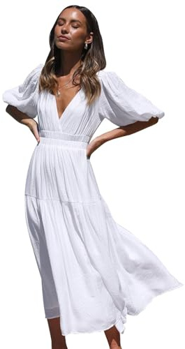 MessBebe Womens Summer Casual Maxi Dress V Neck Puff Sleeve Ruffled Solid Color Ruffle Beach Dress