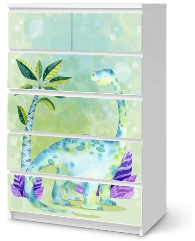 Möbelfolie Dino Kids Langhals passend für Ikea Malm Kommode 6 Schubladen | Selbstklebende Schrankfolie für glatte Schubladenfronten Klebefolie Kinderzimmer Schlafzimmer DIY Upcycling 6 Schubladen