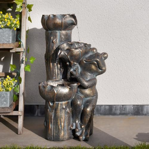 Festive Lights - 55cm Frog & Lilypad Solar Water Feature with Warm White LED Lighting - Gold Polyresin Fountain, IP44 Rated, Outdoor Cascading Garden Ornament, Rechargeable Battery, Pump & 3m Cable