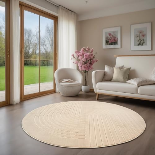 the carpet Parma Waschbar, Wetterfest, Moderner Kurzflor mit Hoch-Tief-Effekt, Angenehm Weich, Für Balkon, Terrasse & Garten, Beige, 160 cm Rund