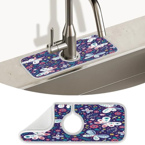 Spritzschutz für Küchenspüle, Retro-Schmetterlinge, super saugfähig, Mikrofaser, Abtropfmatte, Spritzschutz hinter dem Wasserhahn, Tropfenfänger für Küche, Badezimmer, 38,1 x 13,7 cm