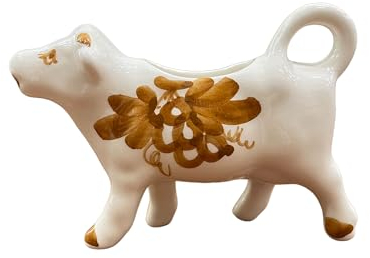Amarcord Lechera con forma de vaca de cerámica hecha y pintada a mano con dibujos romagnoli óxido