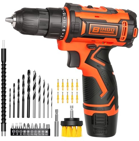 BIHOO Cordless Drill Driver Set 12V,3/8Keyless Chuck Battery Drill Kit,2 Variable Speed and 43pcs Drills Bits for Home DIY