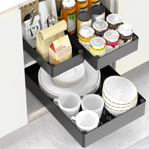 HASA zone 3 Größen von Ausziehbare Schublade Küche mit Nano-Klebefolie, 3 Packs Teleskopschublade, Schrank Organizer Ausziehbar für Küche, Speisekammer und Bad, Schwarz