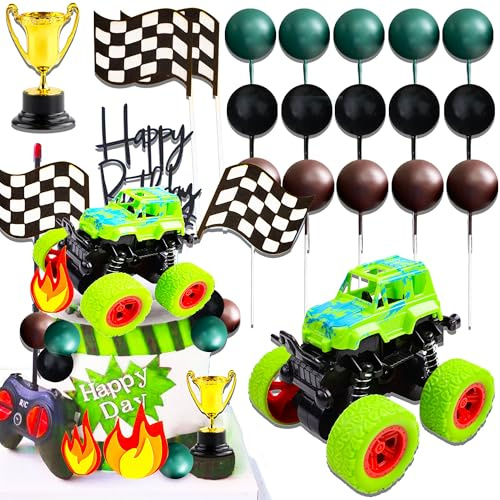 Green Monster Truck Cake Topper Racing Car Cake Topper Monster Truck Cupcake Toppers Checkered Flag Cupcake Picks Monster Truck Birthday Decorations