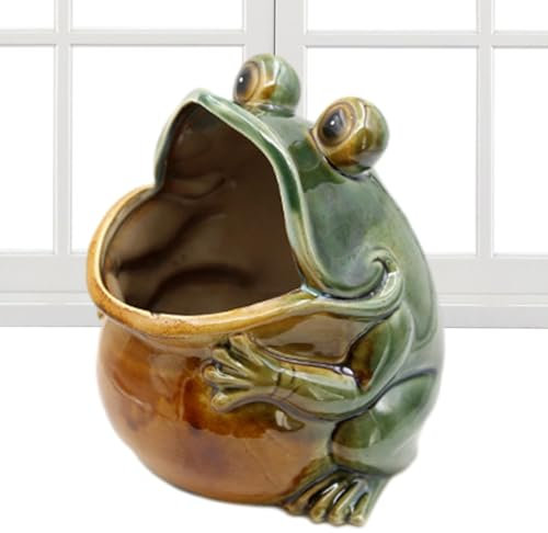 Statue de grenouille pour patio et jardin, statue de grenouille à grande bouche en céramique, sculpture de jardin, décoration créative familiale intérieure et extérieure, ornement de statuette de pot