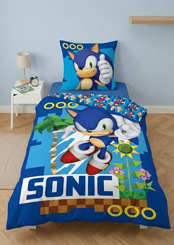 Sonic Bambino Copripiumino Singolo 135x200 + Federa 100% Cotone | Set letto reversibile | Letto singolo | 100% Cotone Oeko-Tex | Sonic | Idea regalo | Morbido per la pelle | Licenza ufficiale