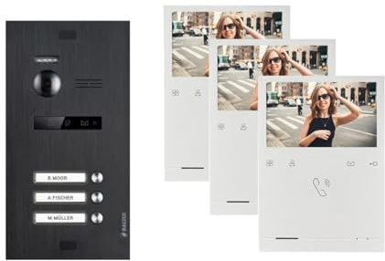 SCHUTZER Balter by Video Türsprechanlage EVO Quick für 3 Familienhaus mit 3X 4,3 Zoll Monitor 2-Draht Bus Türstation mit 150° Weitwinkel-Kamera Schwarz
