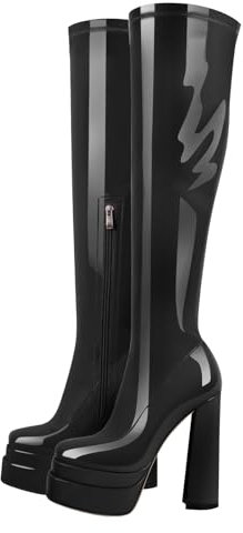 Meinabsatz Damen Plateau Stiefel Blockabsatz Eckige Kniestiefel High Heels Knee Stretch Boots mit Reißverschluss Lackleder Schwarz 46 EU