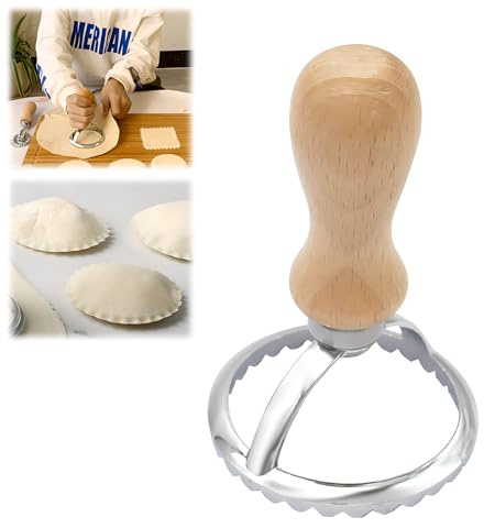 Ravioli Stamp Maker Cutter with Wood Handle, Fluted Edge Ravioli Maker Press, Manual Pasta Molds Stamps Pasta Cutter Wheel (Round)