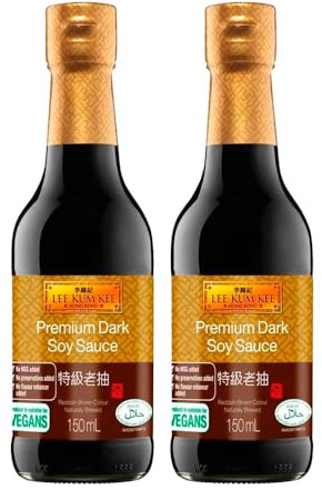 Salsa de soja oscura premium 2x150 ml en botella de cristal, ideal para cocinar wok, guisos, arroces y marinados, sabor umami intenso y color oscuro brillante