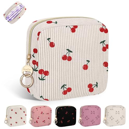 Binden Aufbewahrungtasche Hygienebeutel für Damenbinden Tasche für Binden und Tampons Perioden Taschen für Unterwegs Slipeinlagen Mädchen Notfallset Erste Periode Schule Geschenke(Kirschen-Beige)