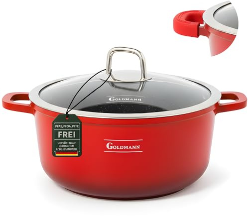 GOLDMANN Kochtopf aus Aluminiumguss, 20 cm - 2.3 L, antihaftbeschichtete Keramik-Marmor-Optik, Glasdeckel, induktions- und für alle Herdarten geeignet, ofenfest und PFOA-frei