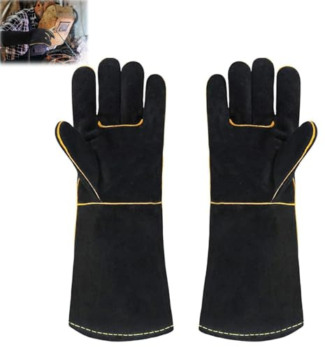 Tarqite 1Pair Heat Resistant Welding Gloves, 500°C Extreme Fire Proof Leather Gauntlets,Heavy Duty High Temperature Work Mitts for Wood Burners,Grill, Fireplace, Mig(14in Black)
