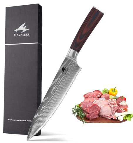HAZMUSS Cuchillo De Carne Serrated 20,5 Cm – Acero Inoxidable Alto En Carbono – Cuchillo De Cocina Profesional Con Mango Ergonómico De Madera – Ideal Para Alimentos Congelados, Pan Y Carne