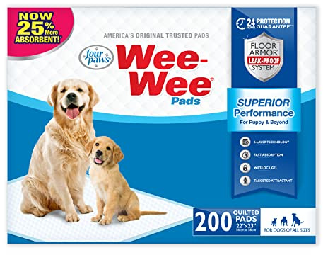 Four Paws Wee-Wee Superior Performance Unscented Pee Pads for Dogs & Puppies, Quilted Leak-Proof Dog Housebreaking Potty Training Floor Protection, 22 x 23, 200 Count