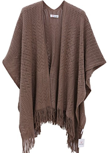 Knit Shawl Wrap for Women - Soul Young Ladies Fringe Knitted Poncho Cardigan Cape(One Size,Khaki)