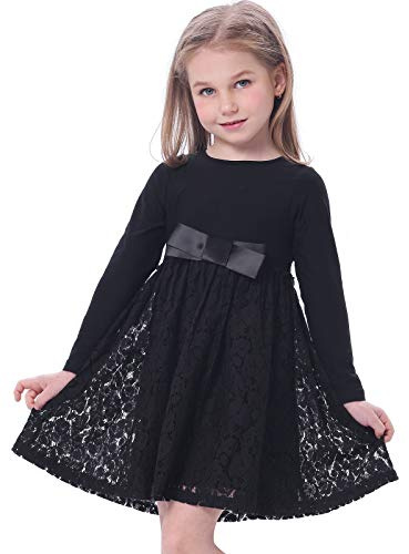 BONNY BILLY Vestido Niña Fiesta Ceremonia Casual Algodón Encaje Invierno Manga Larga con Lazo 8-9 Años Negro