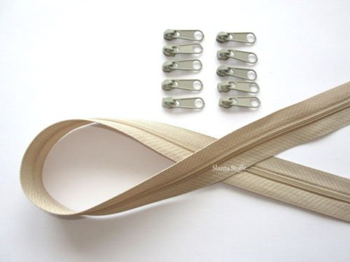 Slantastoffe 10m Reißverschluss endlos, Spirale 3mm + 30 Schieber/Zipper 33 Farben, Meterware (beige)