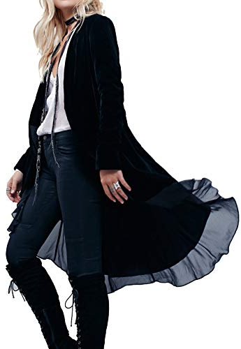 R.Vivimos Chaqueta De Terciopelo De Otoño e Invierno Para Mujeres Con Volantes Casuales Chaqueta Larga Retro Sin Cuello Chaqueta Deportiva Clásica De Cola De Golondrina(XL,Black)