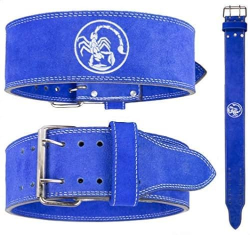 Scorpion Power Lifting Gewichthebergürtel aus Stahl mit Doppelzacken-Schnalle, Wettkampf, Standard, Leder, 10 mm dick x 100 mm breit (blau, groß)