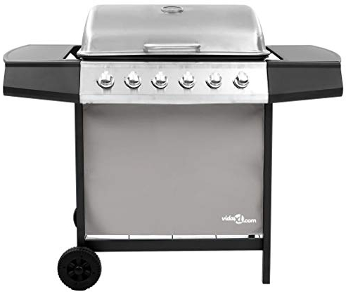 Festnight Gas BBQ Grill with 6 Burners, with Side Table, BBQ Cover and Wheels Black and Silver