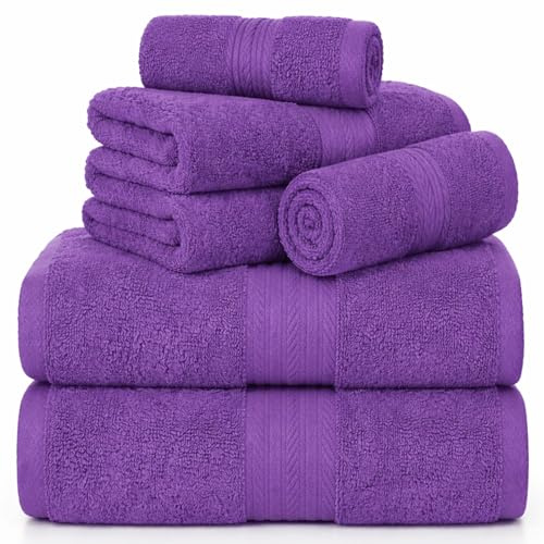 Ample Decor 100% Cotton Luxury, Soft & Absorbent 6 Piece Towels Set, 2 Bath Towels, 2 Hand Towels, 2 Wash Cloths for Bathroom - Purple